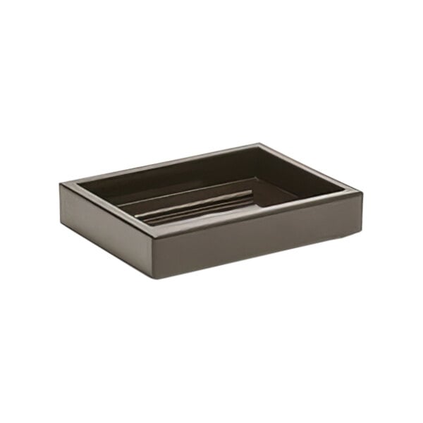 A rectangular chocolate resin soap dish with a black handle.