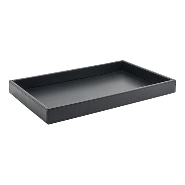 A room360 black faux leather rectangular tray with a handle.