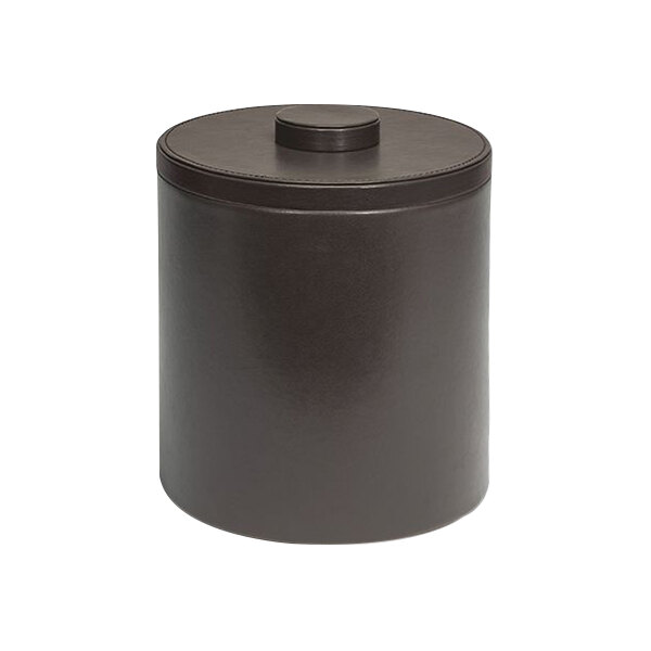 A brown faux leather room360 ice bucket with a brown round lid.