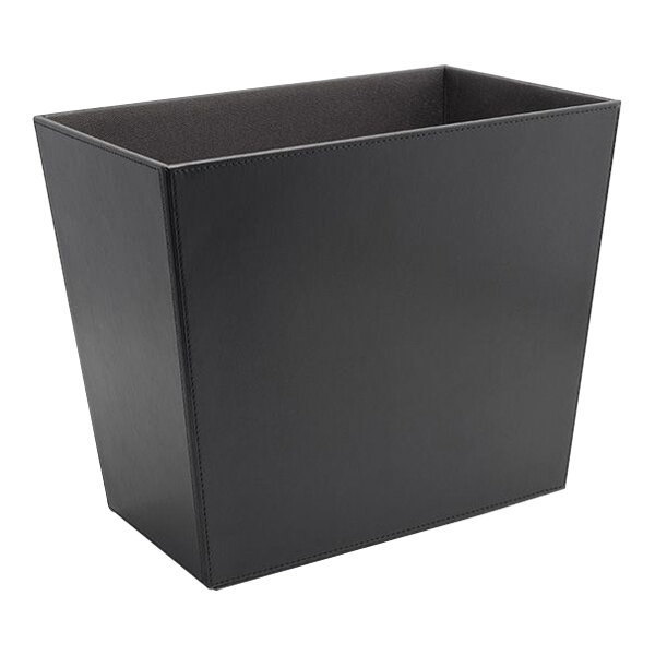 A room360 London black faux leather rectangular recycling wastebasket with a thin edge and a lid.