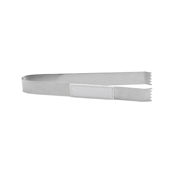 Stainless steel ice tongs with a white faux leather strap.