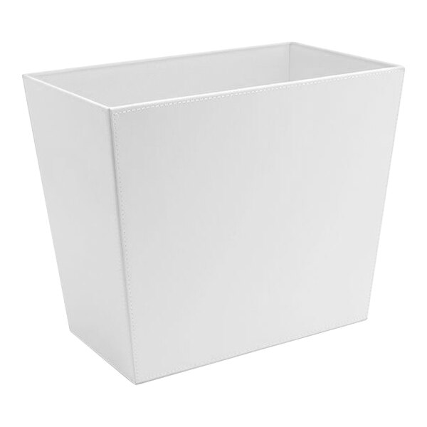 A white rectangular room360 London faux leather recycling wastebasket with a lid.