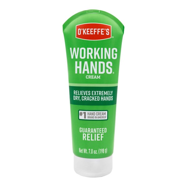 A green and white tube of O'Keeffe's Working Hands hand cream.