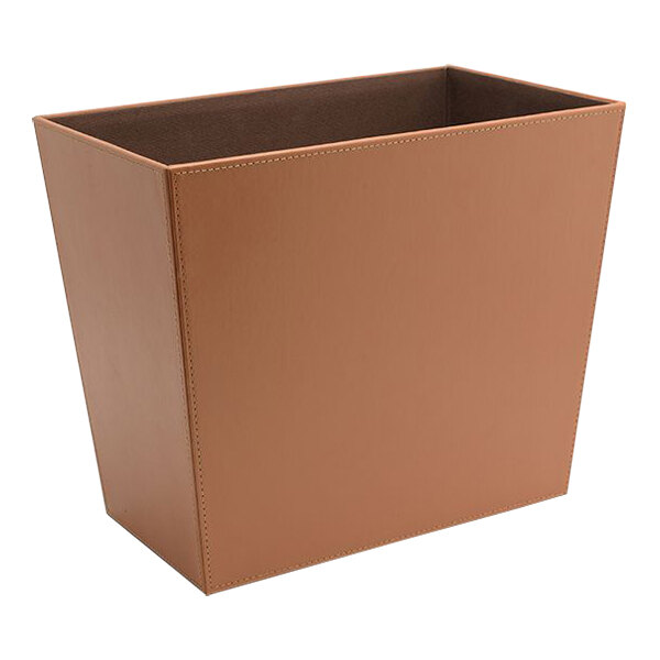 A brown rectangular room360 London faux leather waste container with a lid.