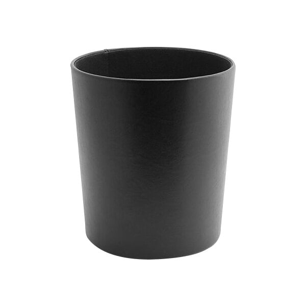 A black faux leather tapered cylinder wastebasket.