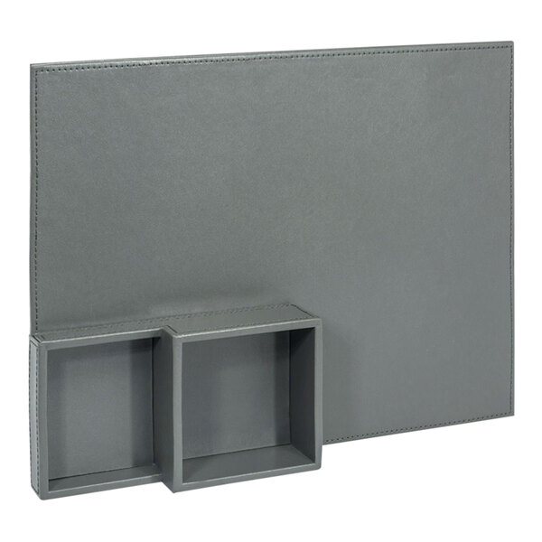 A room360 smoke faux leather flat tray with grey shelves.
