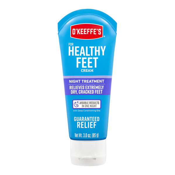 A blue and white tube of O'Keeffe's Healthy Feet Night Treatment Foot Cream.