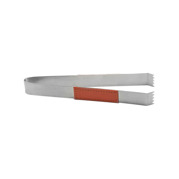 Room360 stainless steel tongs with a persimmon faux leather handle.