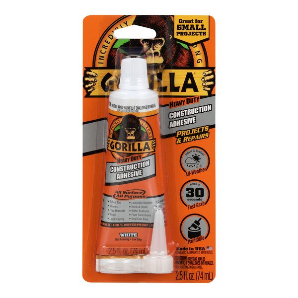 A close up of a tube of Gorilla Heavy-Duty Construction Adhesive in an orange package.