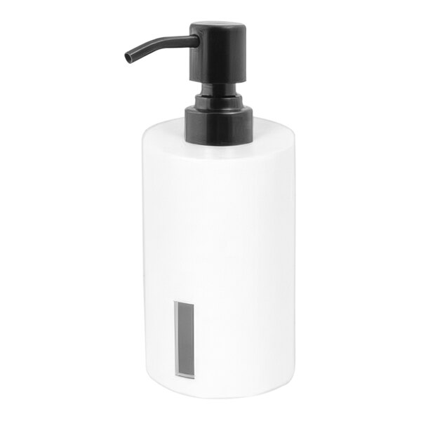 A white room360 rectangular shell soap dispenser with a black pump.