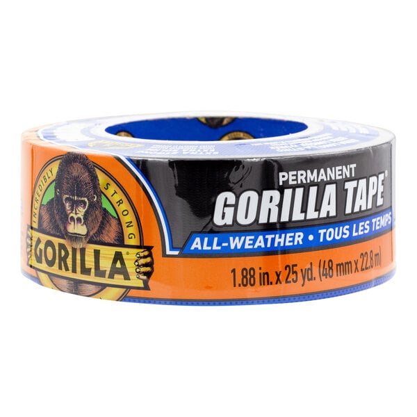 A roll of Gorilla all-weather permanent tape with a black and silver label.