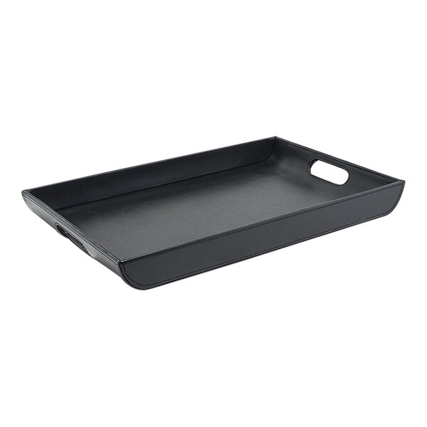 A black rectangular room360 London faux leather tray with handles.