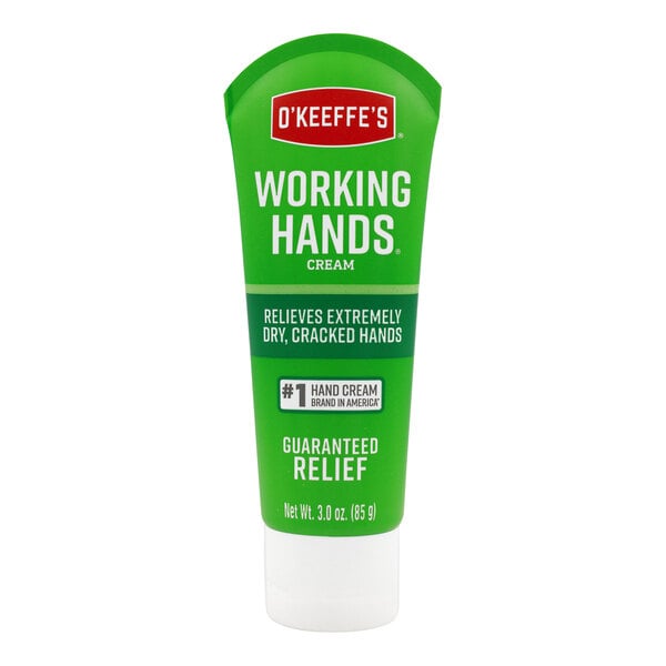 A green and white tube of O'Keeffe's Working Hands hand cream.