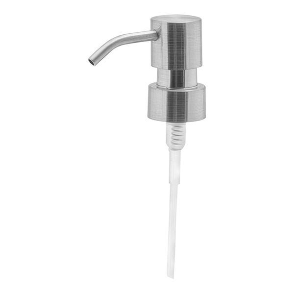 A stainless steel soap pump with a curved metal top.