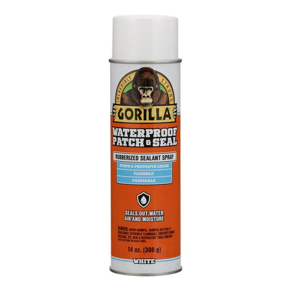 A white can of Gorilla Waterproof Patch & Seal spray with a Gorilla logo.