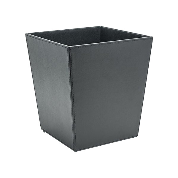 A black faux leather square wastebasket.