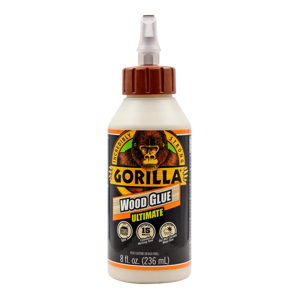 A white bottle of Gorilla Ultimate 8 oz. Wood Glue with a black label.