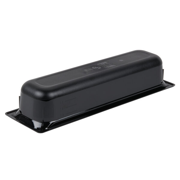 A black rectangular Vollrath polycarbonate food pan with a lid.