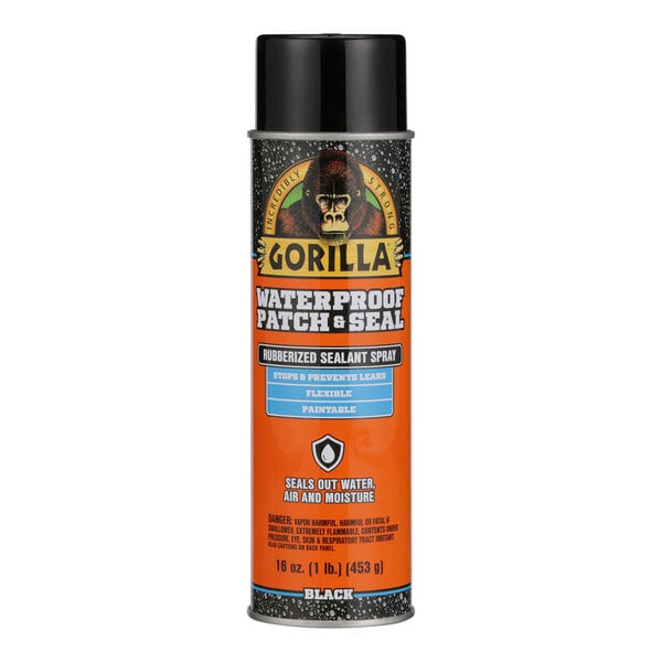 A close up of a can of Gorilla Waterproof Patch & Seal black rubberized sealant spray with a black cap.