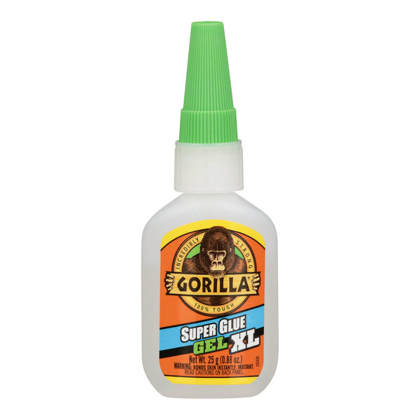 A white bottle of Gorilla Super Glue Gel with a green cap and label.