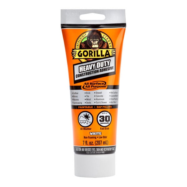 A tube of Gorilla 7 oz. Heavy-Duty Construction Adhesive with a label.
