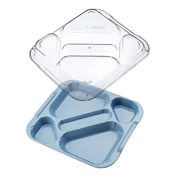 An Araven blue polycarbonate compartment tray with a clear lid.