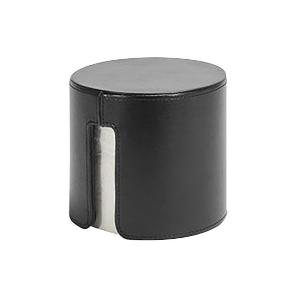 A black cylinder with a black faux leather cover with a silver handle.