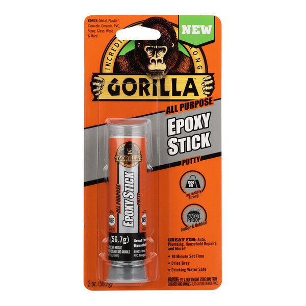 A package of Gorilla 2 oz. All-Purpose Epoxy Stick with a white label.