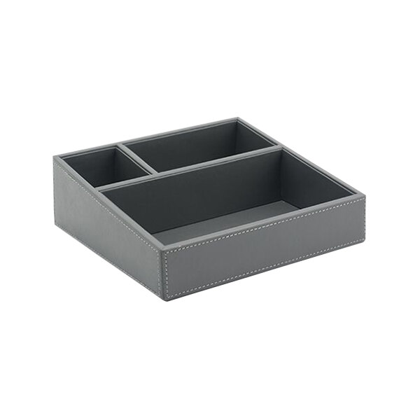 A grey faux leather box with three compartments.