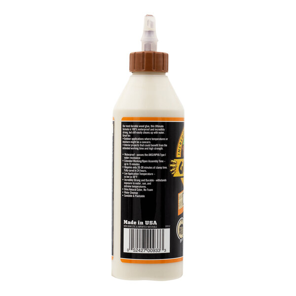 A close up of a white Gorilla wood glue bottle with a brown cap.