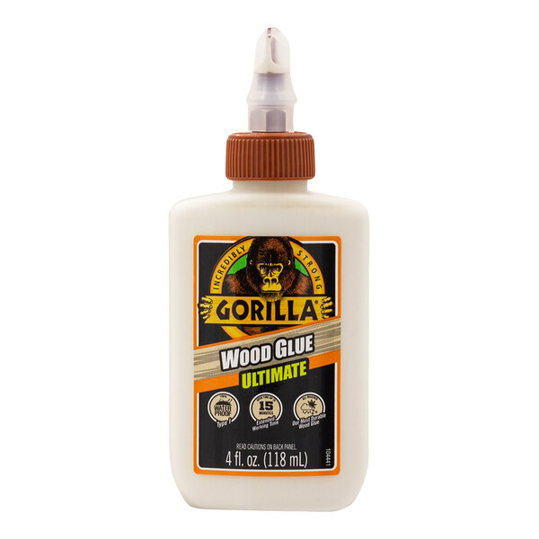 A white bottle of Gorilla Ultimate 4 oz. Wood Glue with a brown cap.