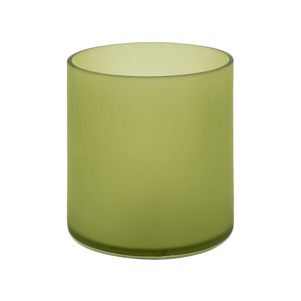 A sage green resin cylinder wastebasket.