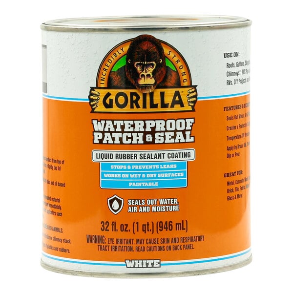 A close up of a white can of Gorilla Waterproof Patch & Seal liquid rubber sealant with a green label.