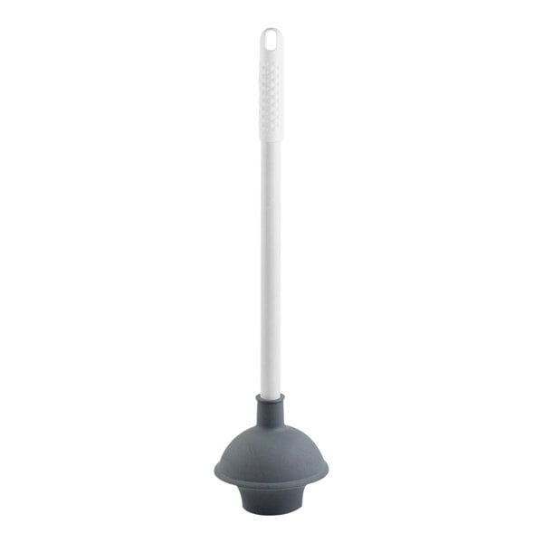 A white and grey Libman Premium toilet plunger with a white pole and grey cap.