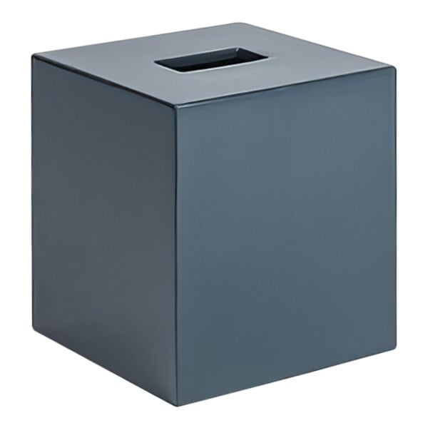 A grey square resin tissue box cover with a peacock design on the lid.