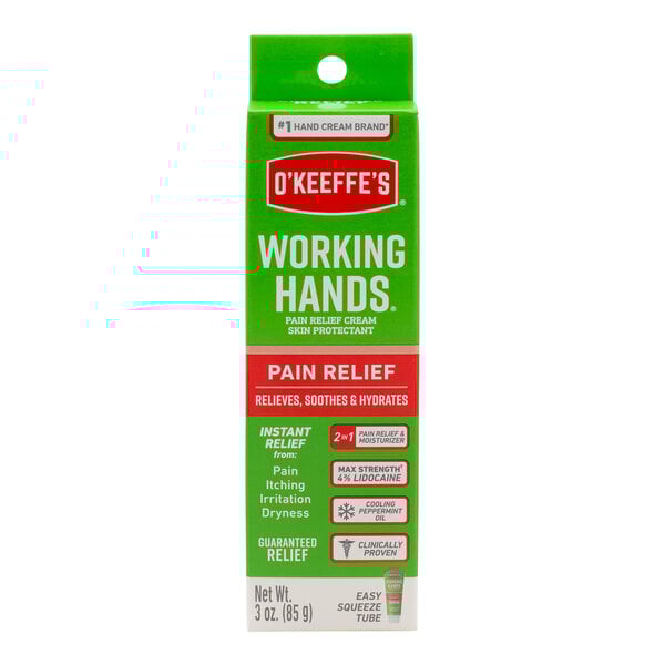 A close up of the white and green O'Keeffe's Working Hands hand cream label.