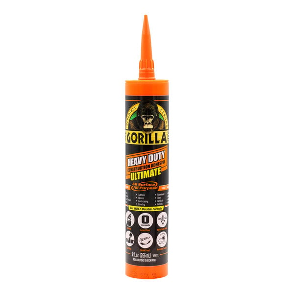 A orange tube of Gorilla Ultimate Heavy-Duty Construction Adhesive with a black label featuring yellow and black text.