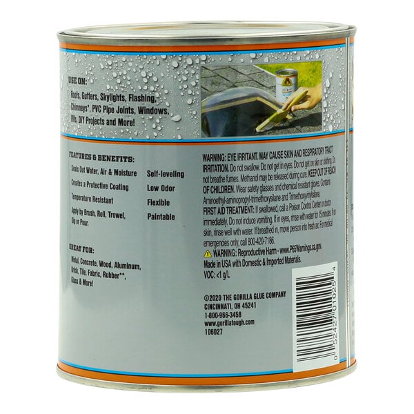 A close up of a clear can of Gorilla Waterproof Patch & Seal liquid rubber sealant with a label.