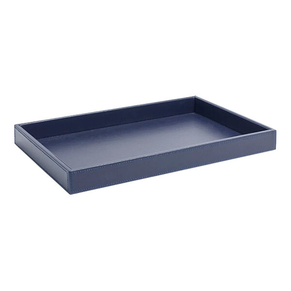 A navy blue rectangular faux leather tray with stitching.