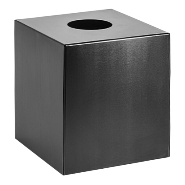 A black square stainless steel tissue box cover with a hole in the middle.