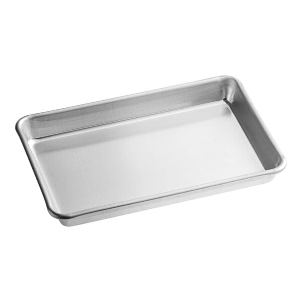 A silver rectangular Baker's Lane USA aluminum sheet pan with a curled rim.