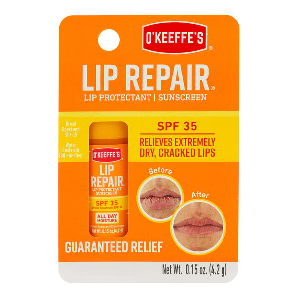 A package of O'Keeffe's Lip Repair with a close up of the label.