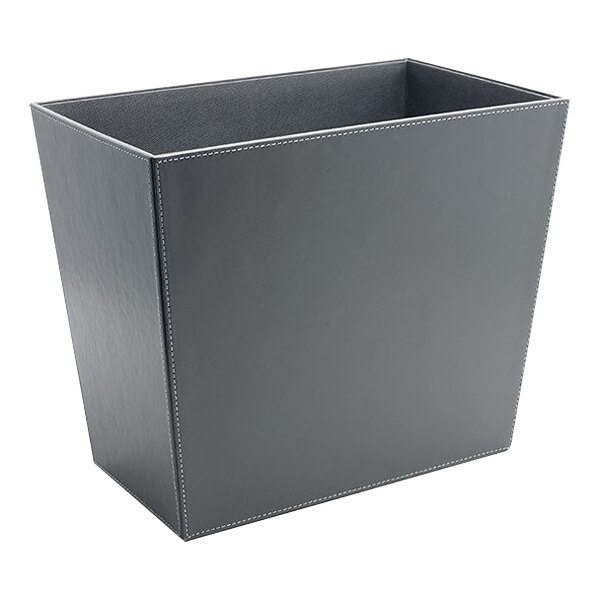 A black rectangular room360 London faux leather wastebasket with white stitching.