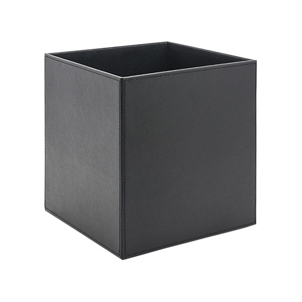 A black faux leather cube wastebasket with a lid.