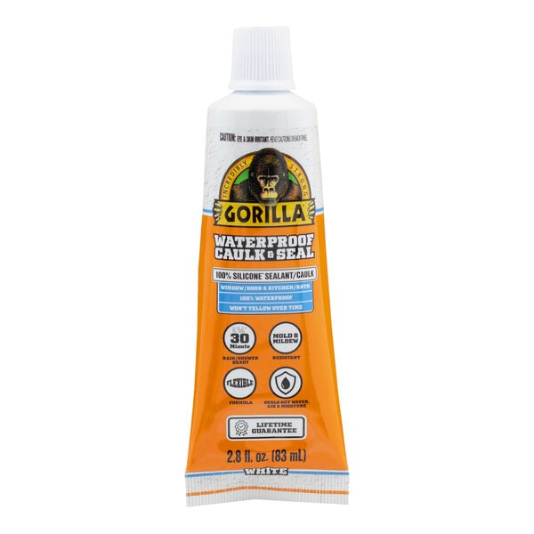 A white plastic tube of Gorilla Waterproof White Silicone Caulk Sealant.