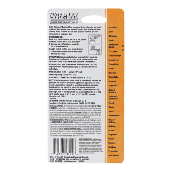 A package of Gorilla white waterproof silicone caulk and sealant with orange and white labels.