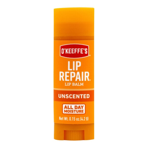 An orange O'Keeffe's Lip Repair stick with white text on the label.