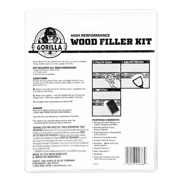 A close up of a Gorilla 8 oz. Natural Wood Filler Kit package with a Gorilla logo.