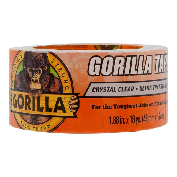 A close up of a roll of Gorilla Crystal Clear tape.