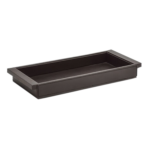 A brown rectangular faux leather amenity tray on a white counter.